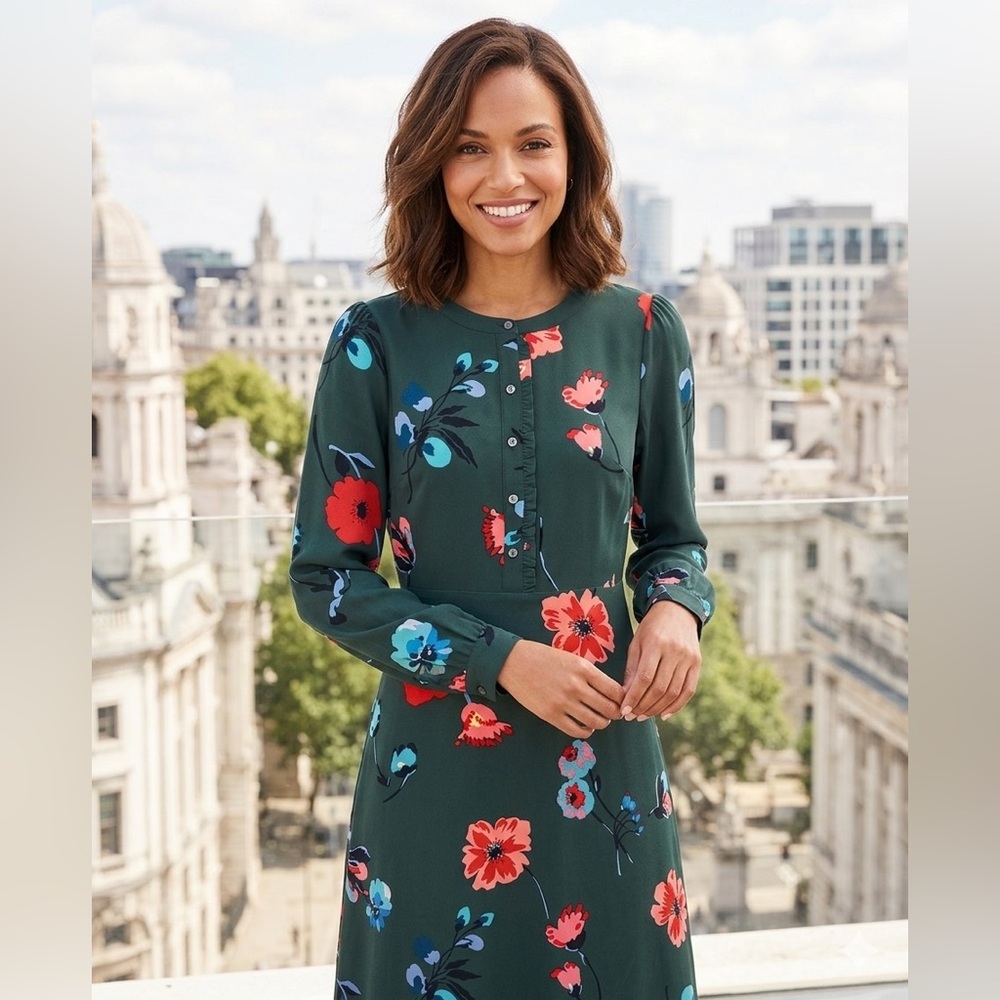 LOFT Dark Green Floral Long Sleeve Midi Dress 📦discounted $4.99 shipping